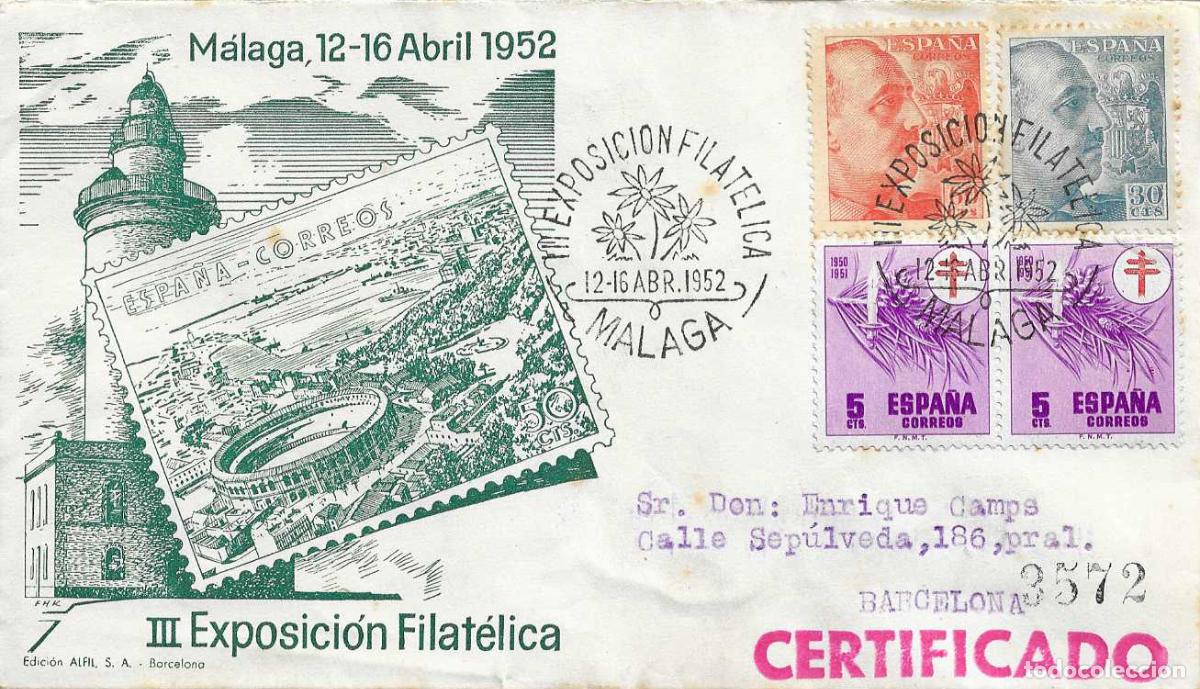 Sellos: FAROS PLAZA TOROS III EXPOSICION FILATELICA, MALAGA 1952. MATASELLOS EN SOBRE CIRCULADO DE ALFIL RWR