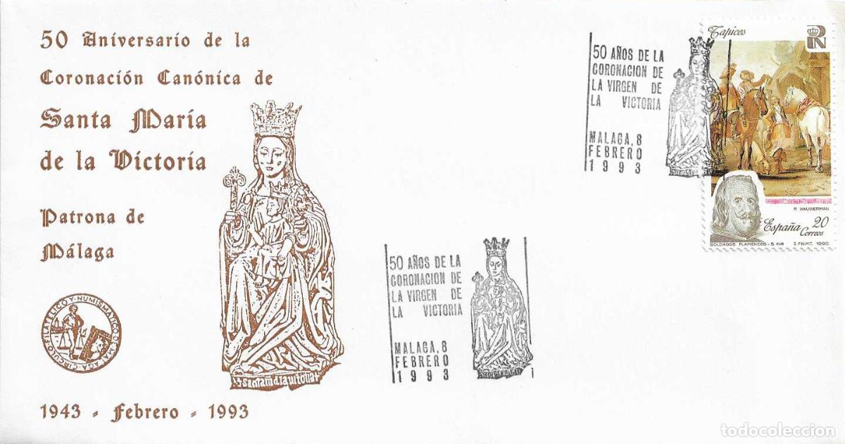 Sellos: VIRGEN DE LA VICTORIA 50 A&Ntilde;OS CORONACION, MALAGA 1993. RARO MATASELLOS EN SOBRE ILUSTRADO RARO ASI
