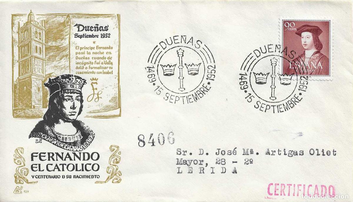 Sellos: FERNANDO EL CATOLICO V CENTENARIO, DUE&Ntilde;AS PALENCIA 1952. MATASELLOS EN SOBRE CIRCULADO DP RARO RWR