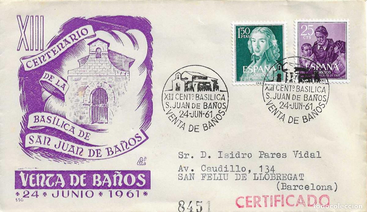 Sellos: BASILICA DE SAN JUAN XIII CENTENARIO, VENTA DE BA&Ntilde;OS (PALENCIA) 1961 MATASELLOS EN SOBRE DP RARO ASI