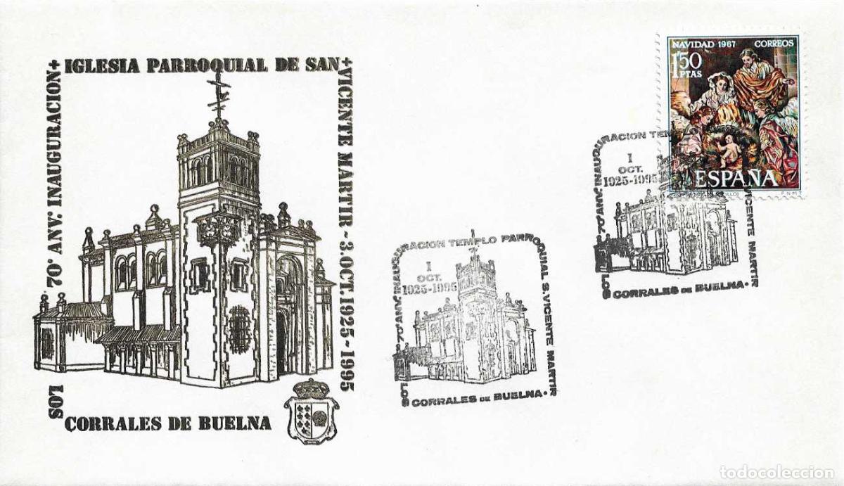 Sellos: IGLESIA SAN VICENTE MARTIR 70 ANIV., LOS CORRALES DE BUELNA (CANTABRIA) 1995. MATASELLOS RARO SOBRE