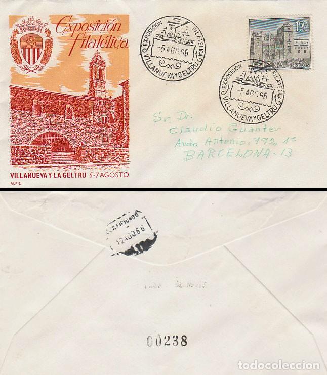Sellos: A&Ntilde;O 1966, VILLANUEVA I LA GELTRU, EXPOSICION FILATELICA , SOBRE DE ALFIL CIRCULADO