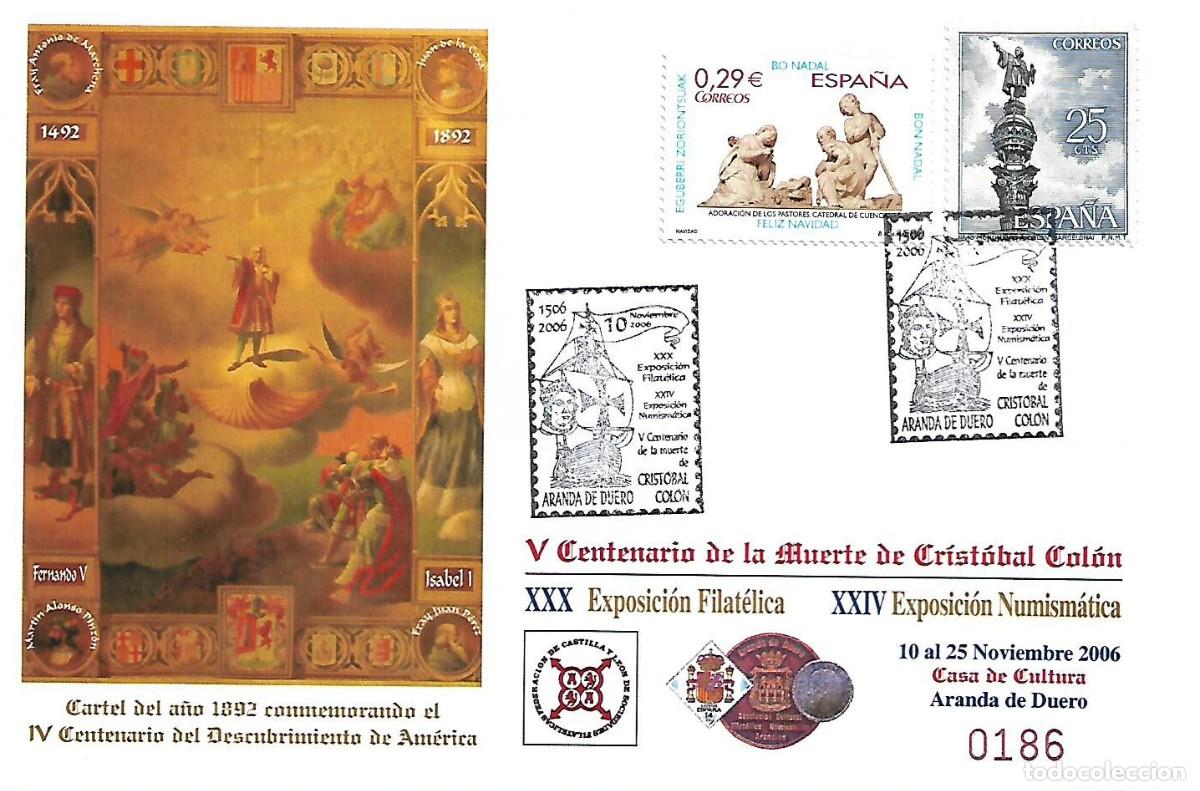 Sellos: MATASELLOS CONMEMORATIVO V CENT&ordm; MUERTE CRISTOBAL COL&Oacute;N. ARANDA DE DUERO, 10/11/2006