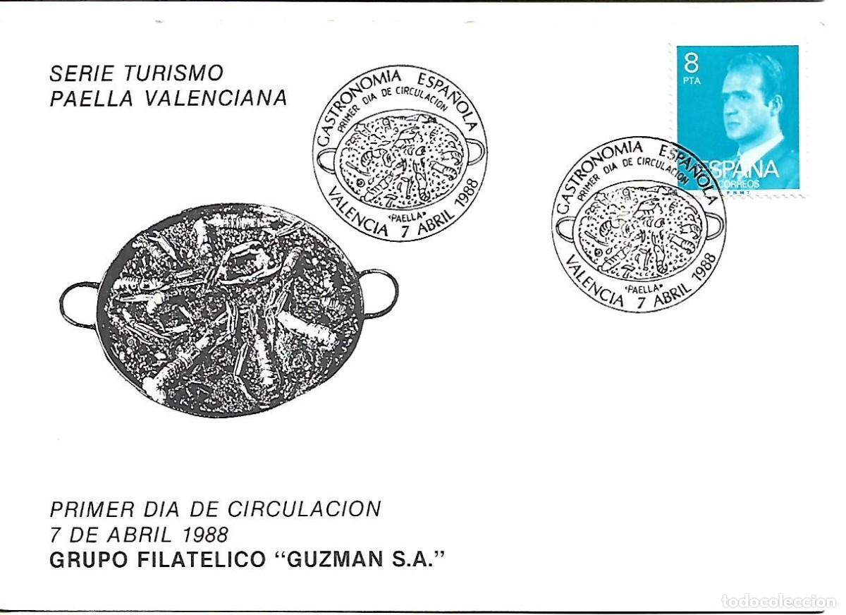 Sellos: MATASELLOS PRIMER D&Iacute;A CIRCULACI&Oacute;N. GASTRONOM&Iacute;A ESPA&Ntilde;OLA &rdquo;PAELLA&rdquo;. VALENCIA, 7 ABRIL 1988