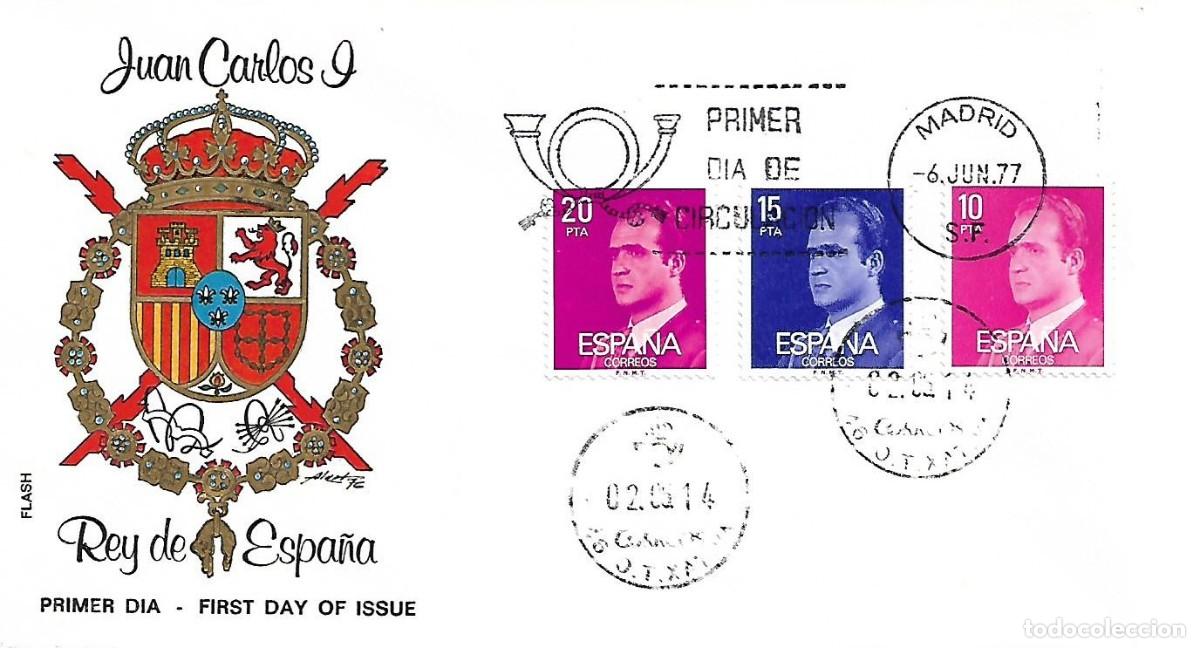 Sellos: MATASELLOS PRIMER D&Iacute;A CIRCULACION BASICA JUAN CARLOS I. VALORES 10. 15 Y 20 PTS. MADRID, 06/06/1977