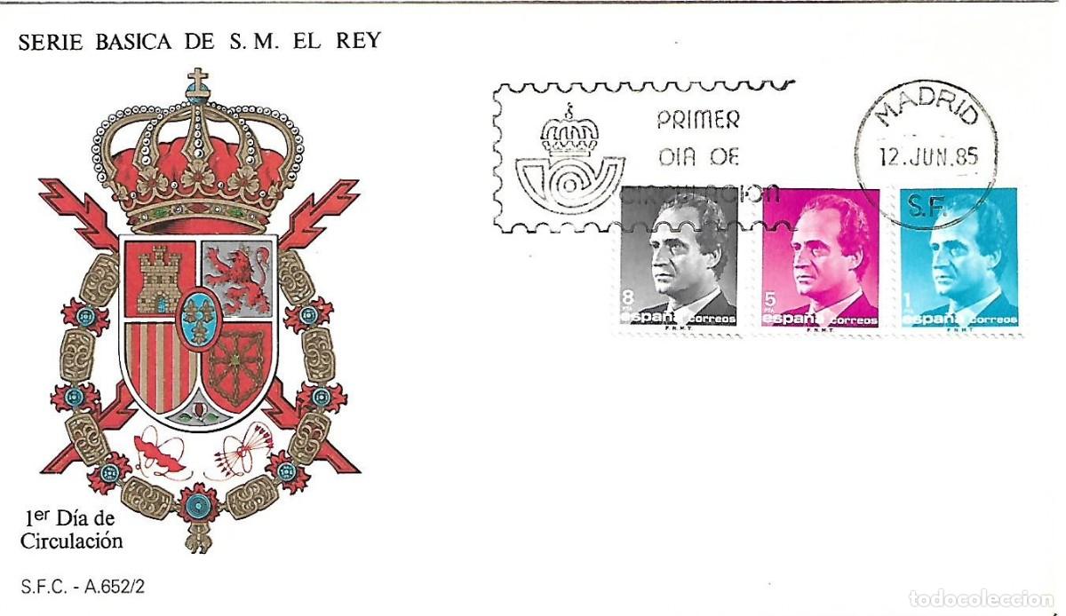 Sellos: MATASELLOS PRIMER D&Iacute;A CIRCULACION BASICA JUAN CARLOS I. VALORES 1, 5, 8, 12, 18 Y 45PTS. 12/06/1985