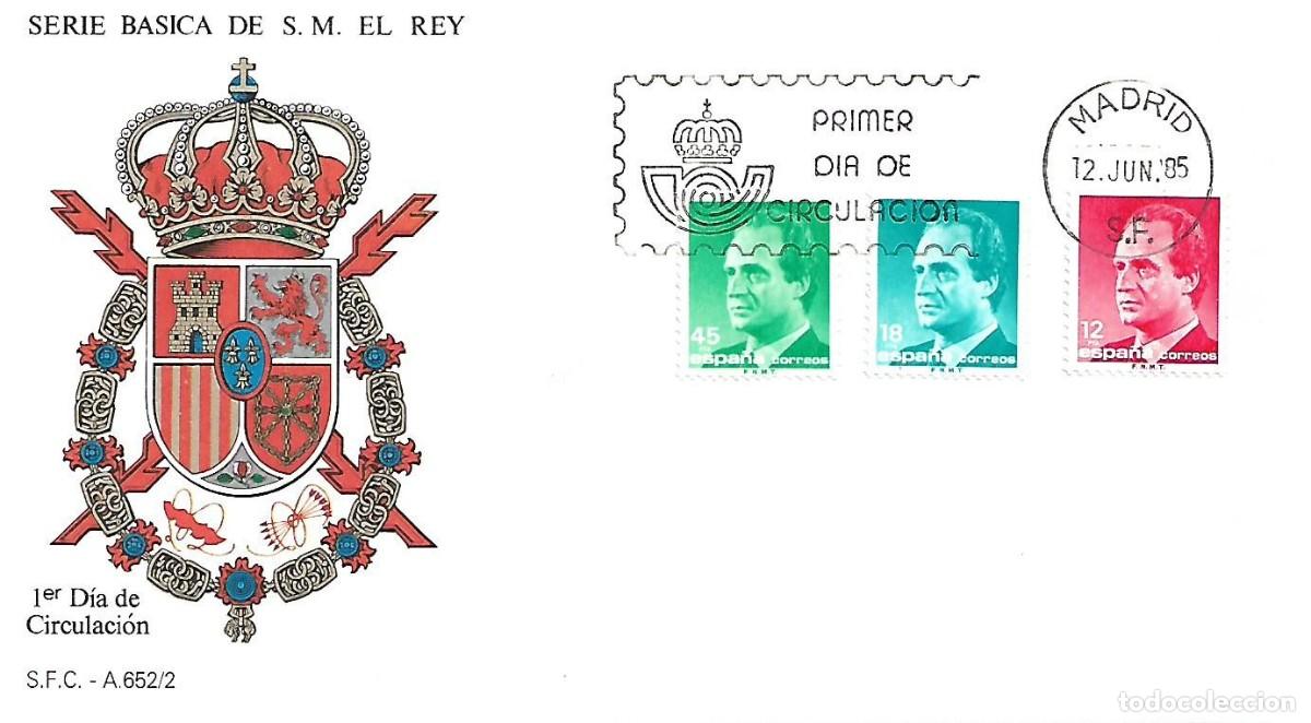 Sellos: MATASELLOS PRIMER D&Iacute;A CIRCULACION BASICA JUAN CARLOS I. VALORES 12, 18 Y 45 PTS. 12/06/1985