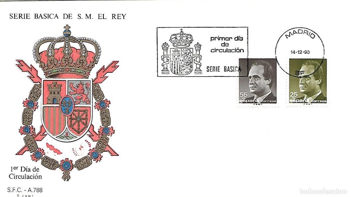 Sellos: MATASELLOS PRIMER D&Iacute;A CIRCULACION BASICA JUAN CARLOS I. VALORES 25 Y 55 PTS. MADRID, 14/12/1990