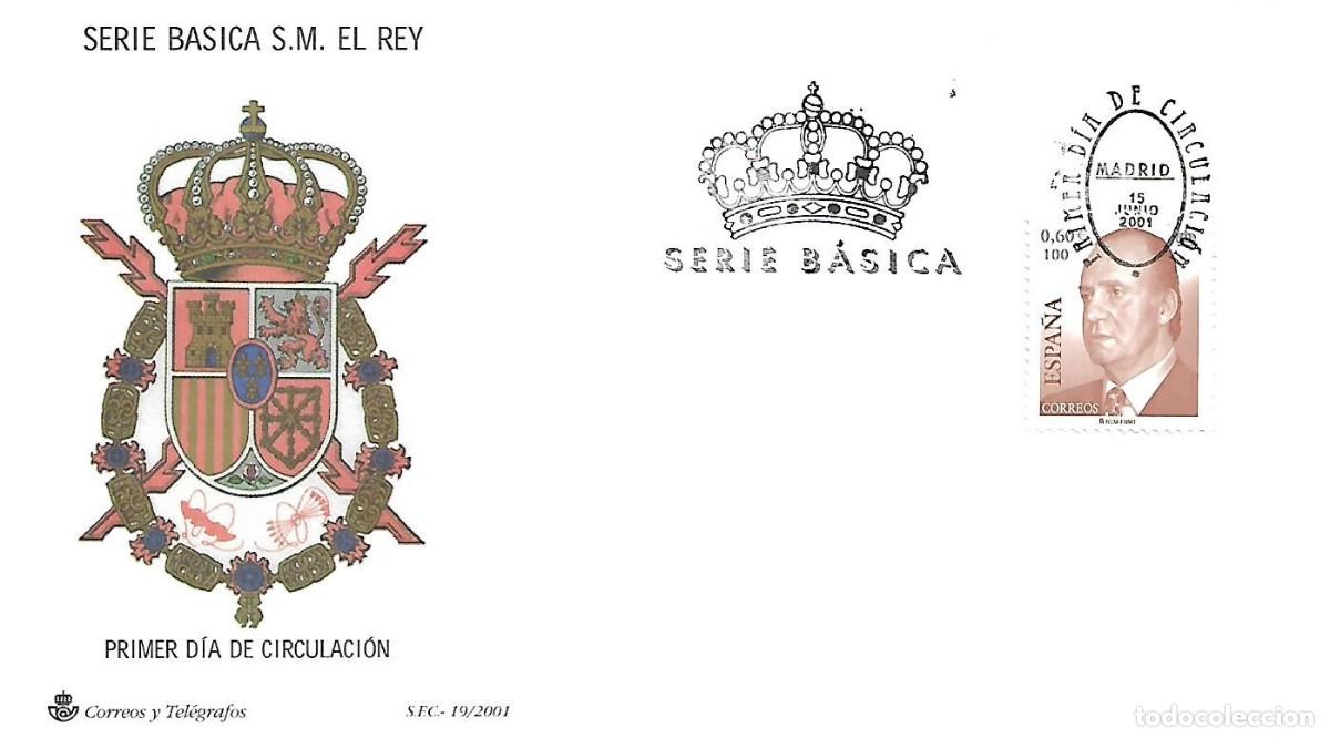 Sellos: MATASELLOS PRIMER D&Iacute;A CIRCULACION BASICA JUAN CARLOS I. VALORES 0,60&euro;/100PTS. MADRID, 15/06/2001