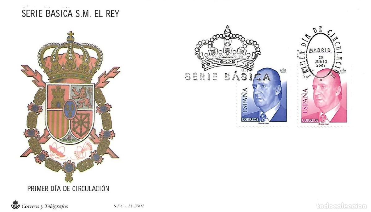 Sellos: MATASELLOS PRIMER D&Iacute;A CIRCULACION BASICA JUAN CARLOS I. VALORES 0,030&euro; Y 0,45&euro;. MADRID, 28/06/2001
