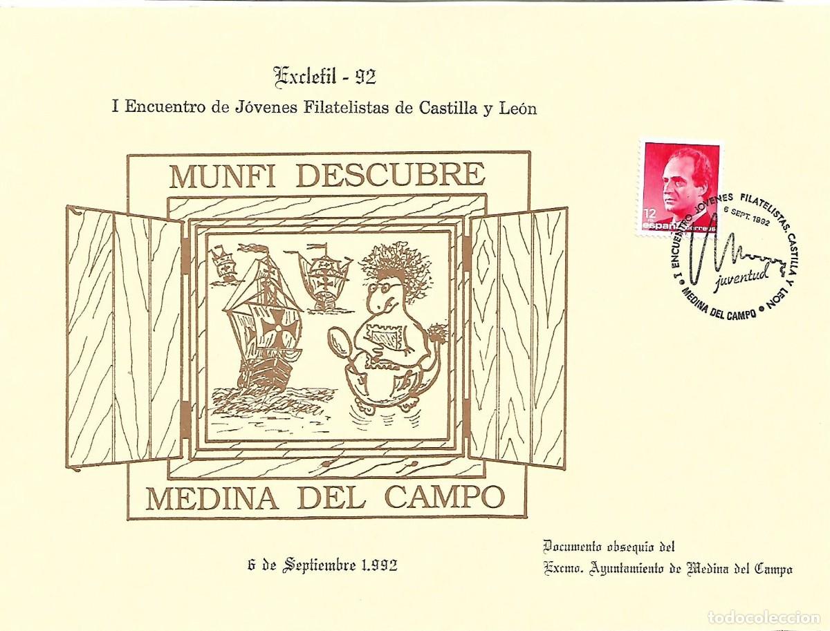 Sellos: DOCUMENTO FILATELICO CON MATASELLOS CONMEMORATIVO EXPOFIL EXCLEFIL&acute;92. MEDINA DEL CAMPO. 06/09/1992