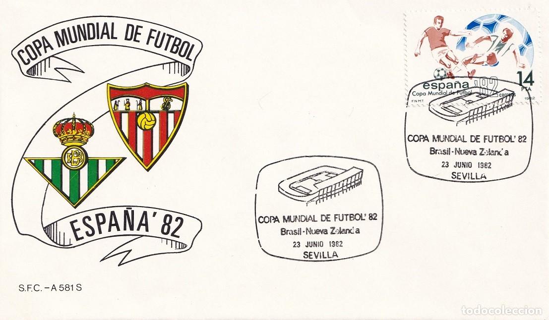 Sellos: Sobre Sevilla 1982 - Espa&ntilde;a'82 - Copa Mundial de F&uacute;tbol - Brasil-Nueva Zelanda - FDC - Matasellos