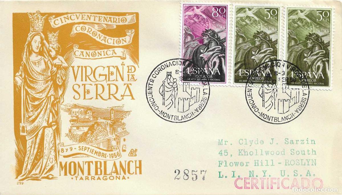 Sellos: VIRGEN DE LA SERRA CINCUENTENARIO CORONACION, MONTBLANCH TARRAGONA 1956 MATASELLOS SOBRE DP RARO WXZ