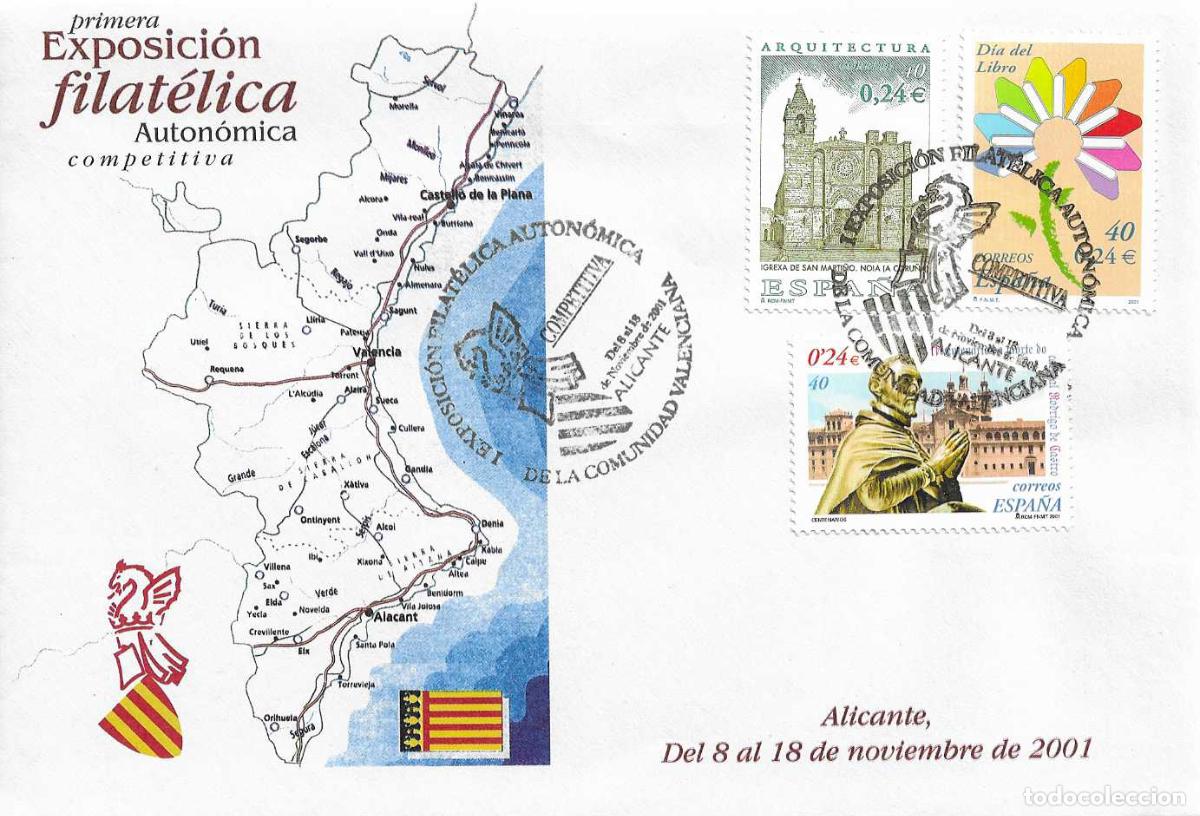Timbres: I EXPOSICION AUTONOMICA COMUNIDAD VALENCIANA, ALICANTE 2001. RARO MATASELLOS EN SOBRE ILUSTRADO MAPA