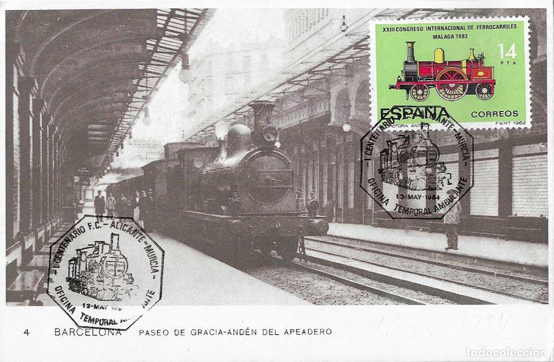 Sellos: TRENES AMBULANTE CENTENARIO FERROCARRIL ALICANTE MURCIA 1984 MATASELLO TP ANDEN APEADERO VER REVERSO