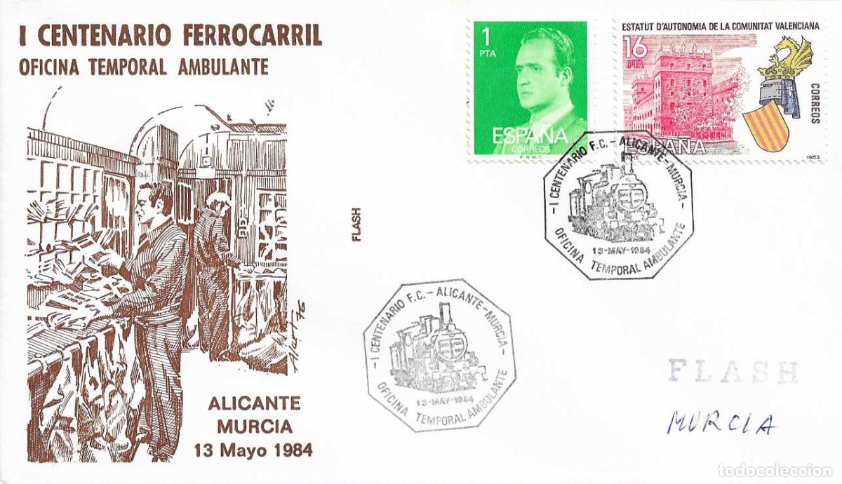 Sellos: TRENES AMBULANTE CENTENARIO FERROCARRIL ALICANTE MURCIA 1984. RARO MATASELLOS EN SOBRE DE FLASH