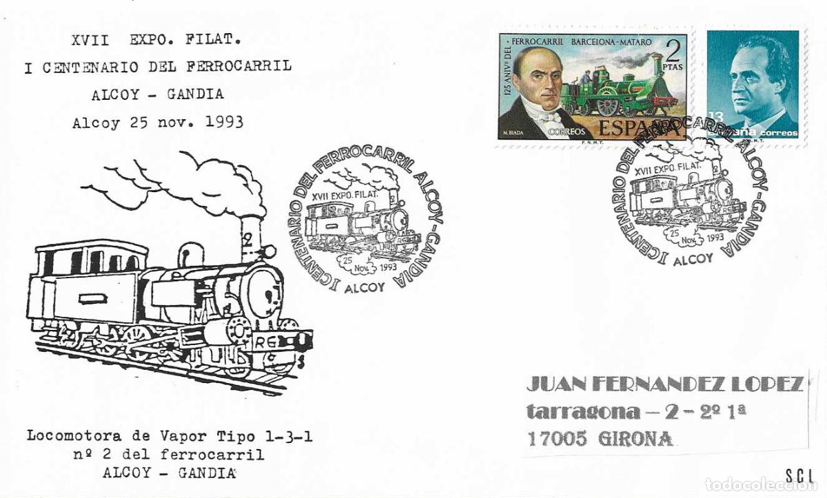 Sellos: TRENES I CENTENARIO DEL FERROCARRIL ALCOY-GANDIA, ALCOY (ALICANTE) 1993 MATASELLOS EN RARO SOBRE VER