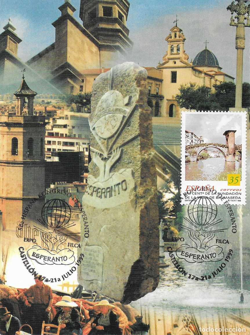Sellos: ESPERANTO 58 HISPANA KONGRESO EXPOSICION FILATELICA, CASTELLON 1999. RARO MATASELLOS EN TARJETA VER