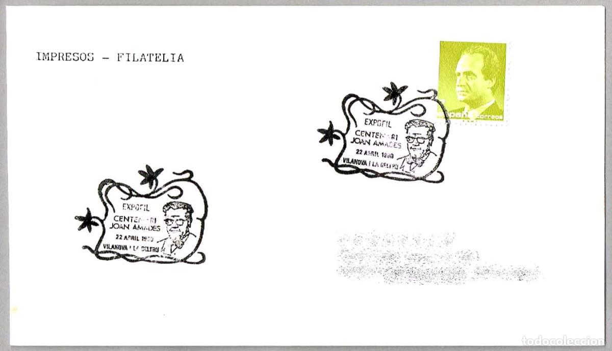 Sellos: Matasellos EXPOFIL CENTENARI JOAN AMADES. Vilanova i la Geltru, Barcelona, 1990