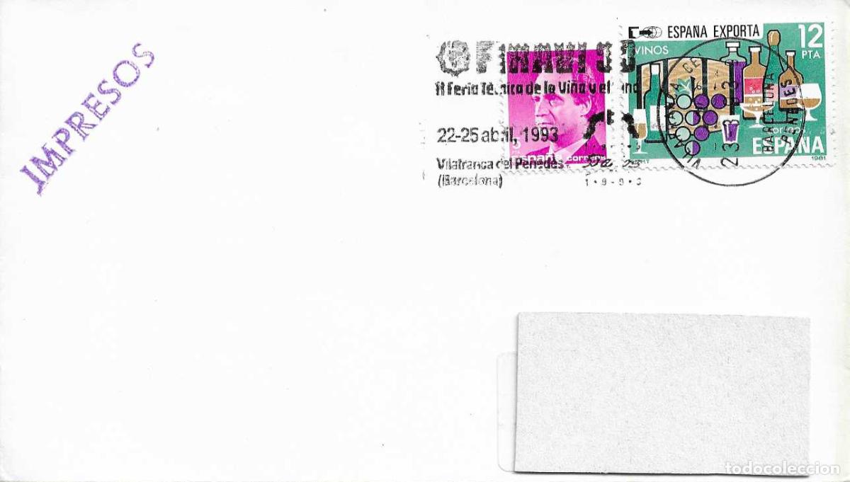 Briefmarken: VINO FIRAVI 93 FERIA DE LA VI&Ntilde;A, VILAFRANCA DEL PENEDES (BARCELONA) 1993 MATASELLOS RODILLO EN SOBRE