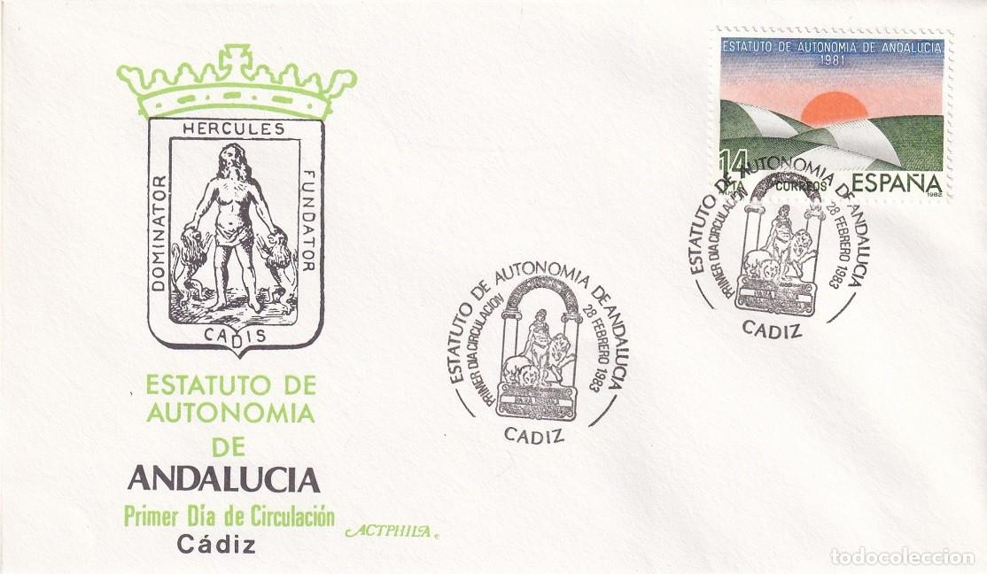 Sellos: SPD C&aacute;diz 1983 - Estatuto de Autonom&iacute;a de Andaluc&iacute;a - C&aacute;diz - Primer d&iacute;a de circulaci&oacute;n - FDC