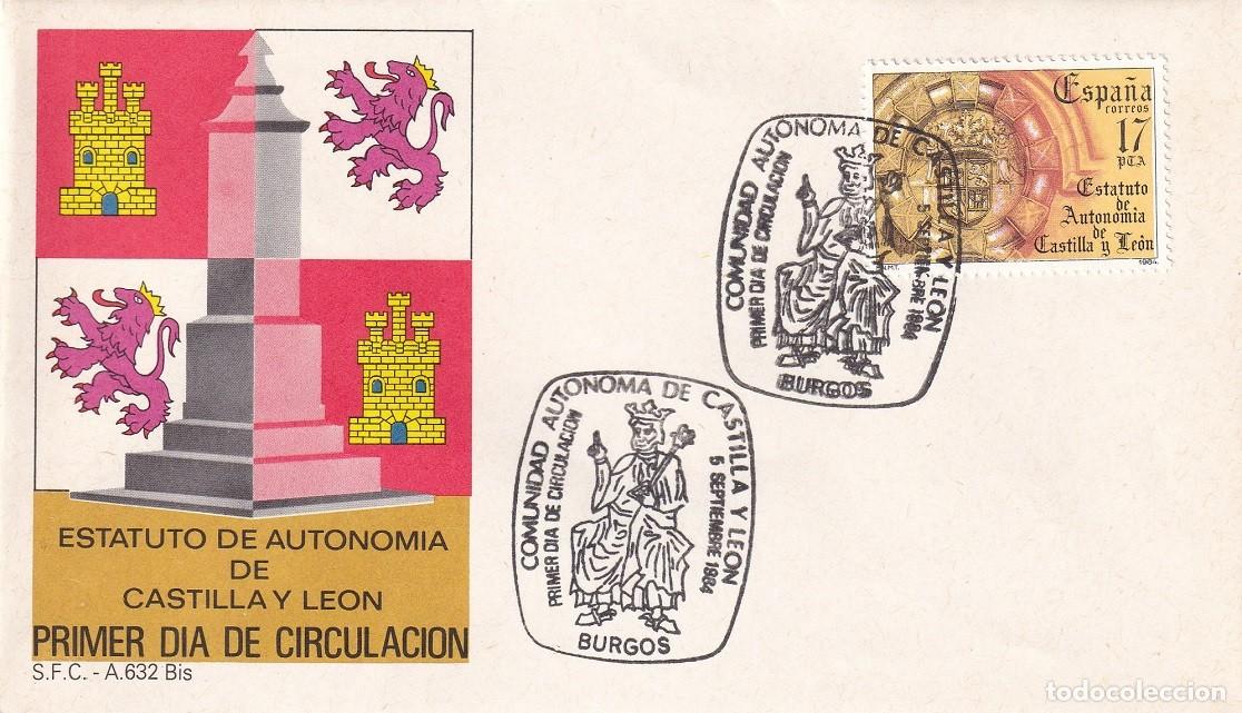 Sellos: SPD Burgos 1984 - Estatuto de Autonom&iacute;a de Castilla y Le&oacute;n - Primer d&iacute;a de circulaci&oacute;n - FDC