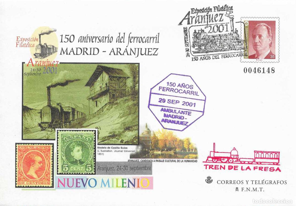Sellos: RARO TRENES AMBULANTE VIOLETA Y MARCA TREN FRESA EN EP MATASELLOS 150 A&Ntilde;OS FERROCARRIL ARANJUEZ 2001