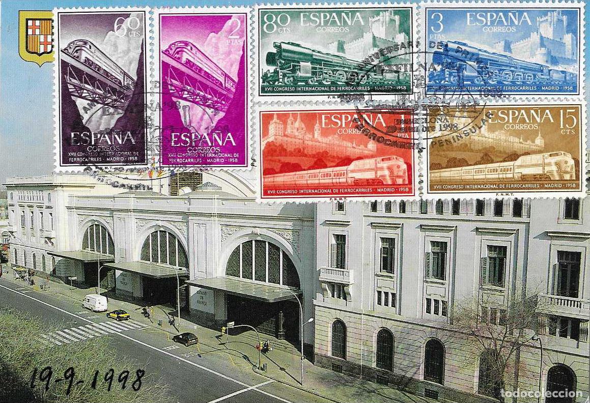 Sellos: TRENES 150 ANIV PRIMER FERROCARRIL PENINSULAR, BARCELONA 1998 MATASELLOS TARJETA MOD 3 RARO FRANQUEO
