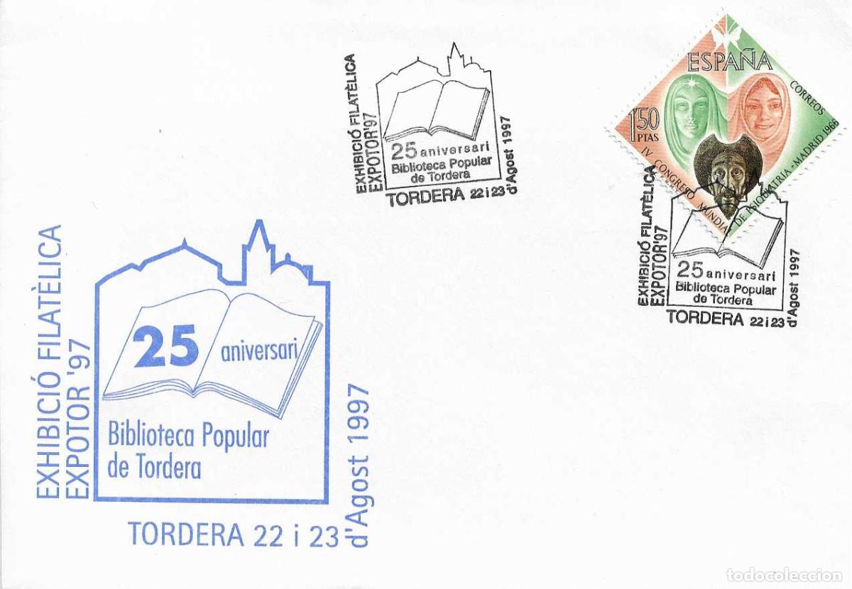Sellos: EXPOTOR-97 BIBLIOTECA POPULAR 25 ANIVERSARI, TORDERA (BARCELONA) 1997. RARO MATASELLOS EN SOBRE ILUS