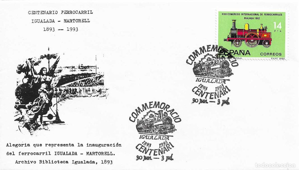 Sellos: TRENES COMMEMORACI&Oacute; CENTENARI, IGUALADA (BARCELONA) 1993. MATASELLOS FERROCARRIL RARO SOBRE REVERSO