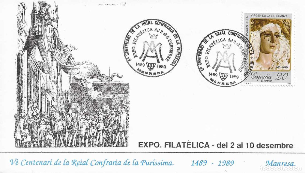 Sellos: CONFRARIA DE LA PURISSIMA 5 CENTENARI, MANRESA (BARCELONA) 1989. MATASELLOS EN RARO SOBRE RELIGION