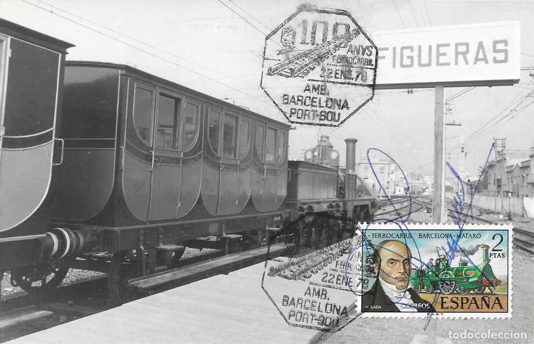 Sellos: TRENES AMBULANTE 100 ANYS FERROCARRIL BARCELONA-PORT BOU 1978 MATASELLO TARJETA FIRMADA MUY RARO VER