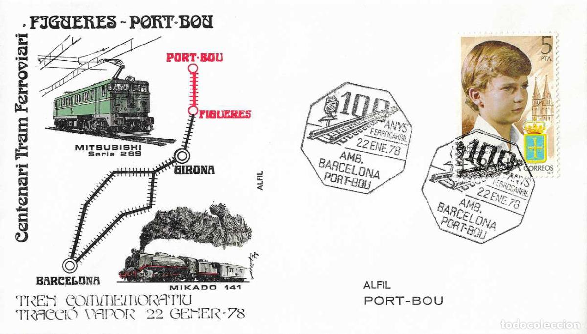 Sellos: TRENES AMBULANTE 100 ANYS FERROCARRIL BARCELONA-PORT BOU (GERONA) 1978. MATASELLOS SOBRE ALFIL MOD 1