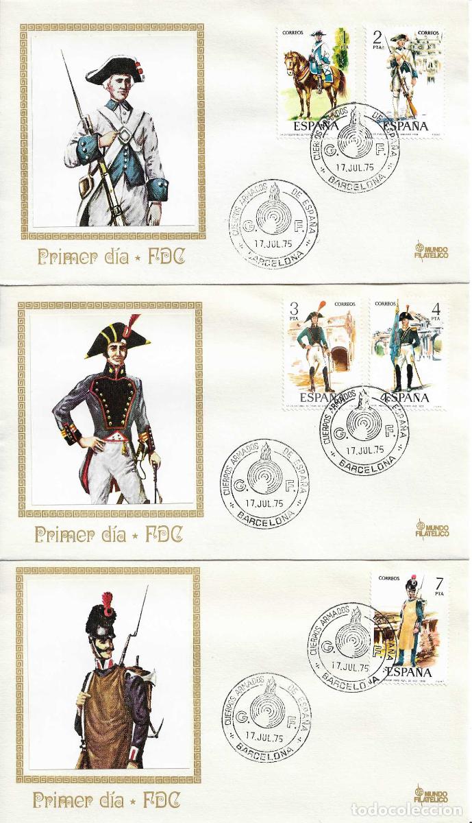 Sellos: GUARDIA DE FRANCO CUERPOS ARMADOS ESPA&Ntilde;A, BARCELONA 1975. MATASELLOS EN TRES SPD DE MF RAROS ASI RWR
