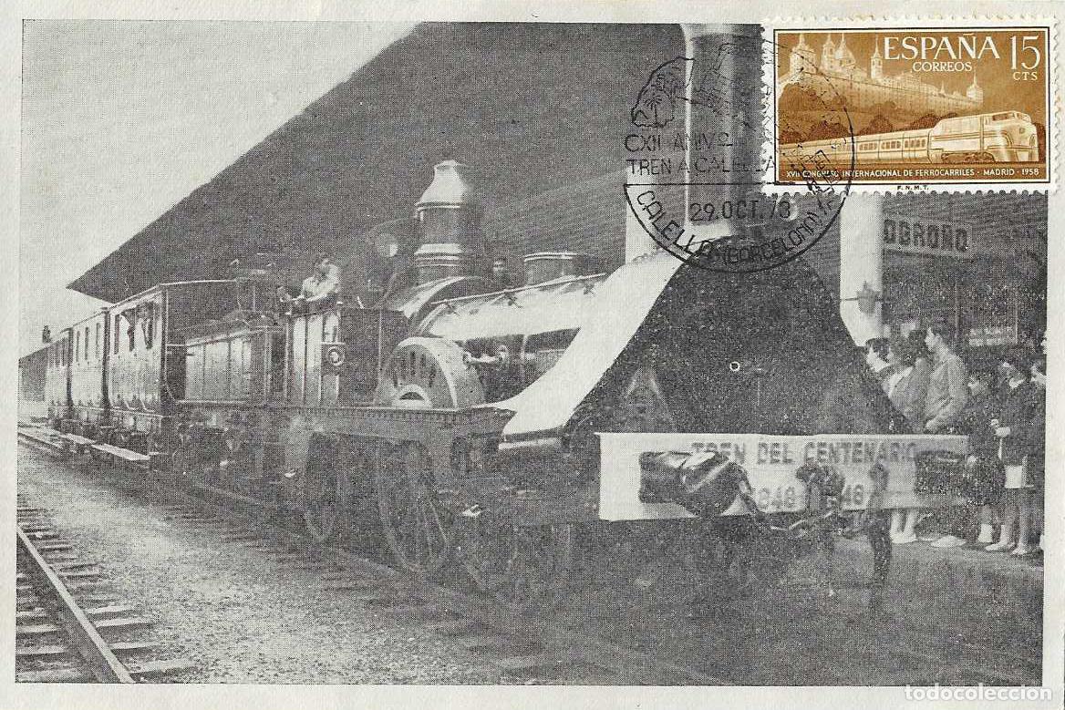 Stamps: TRENES CXII ANIVERSARIO TREN A CALELLA (BARCELONA) 1973. MATASELLOS FERROCARRRIL EN TARJETA RARO VER
