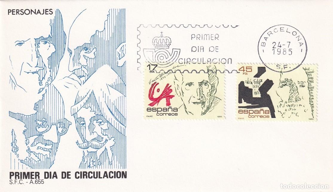 Sellos: SPD Barcelona 1985 - Personajes famosos - Vicente Aleixandre y Le&oacute;n Felipe - Primer d&iacute;a circulaci&oacute;n