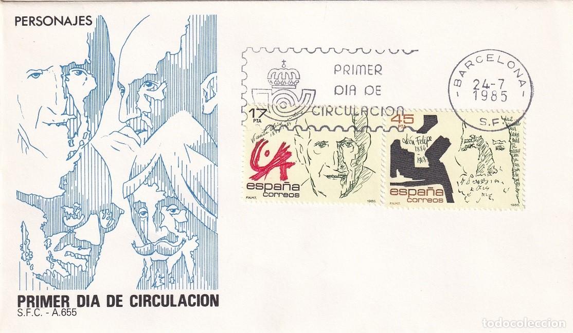 Sellos: SPD Barcelona 1985 - Personajes famosos - Vicente Aleixandre y Le&oacute;n Felipe - Primer d&iacute;a circulaci&oacute;n