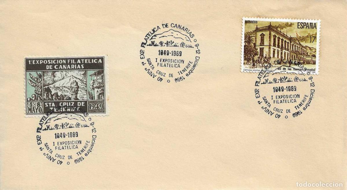 Sellos: RARO VI&Ntilde;ETA 1&ordf; EXPOSICION FILATELICA CANARIAS EN SOBRE MATASELLOS 40 ANIV., SANTA CRUZ TENERIFE 1989