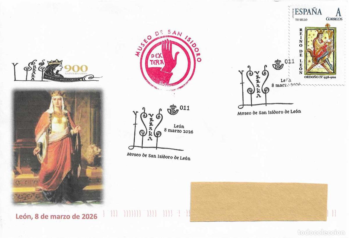 Sellos: DO&Ntilde;A URRACA 900 ANIVERSARIO MUSEO DE SAN ISIDORO, LEON 2026. MATASELLOS SOBRE FRANQUEO TU SELLO RARO