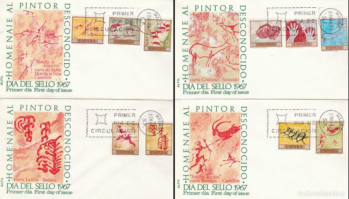 Sellos: EDIFIL 1779/88, PINTURA RUPESTRE, PRIMER DIA DE 27-3-1967 ALFIL, SERIE COMPLETA EN 4 SOBRES