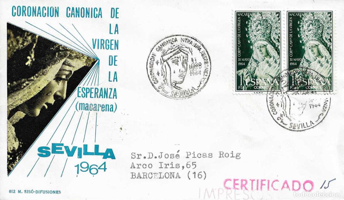 Sellos: CORONACION CANONICA NTRA SRA ESPERANZA MACARENA, SEVILLA 1964. MATASELLOS SOBRE CIRCULADO DE MS RARO