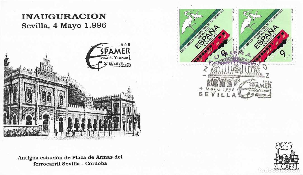 Sellos: INAUGURACION ESPAMER AVIACION Y ESPACIO, SEVILLA 4 MAYO 1996. MATASELLOS RARO SOBRE ESTACION CORDOBA