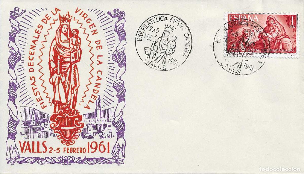 Sellos: CASTELLERS FIESTAS VIRGEN DE LA CANDELA, VALLS (TARRAGONA) 1961. MATASELLOS SOBRE ILUSTRADO RARO ASI