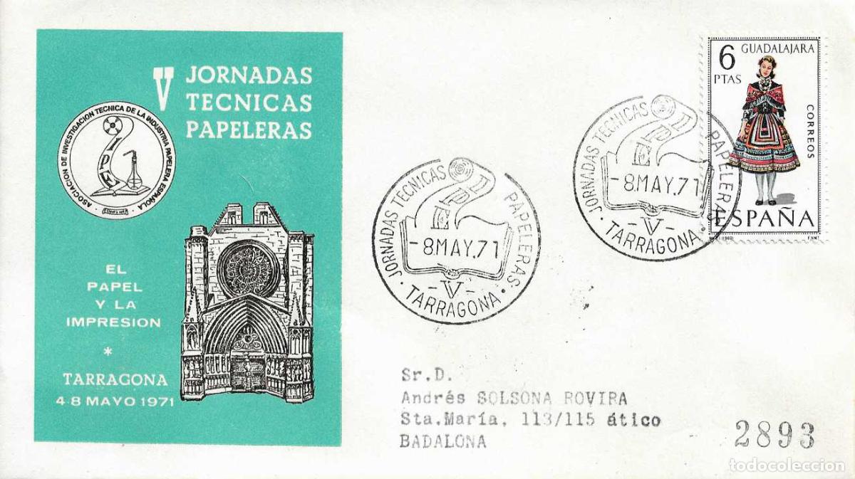 Sellos: V JORNADAS TECNICAS PAPELERAS, TARRAGONA 1971. MATASELLOS EN SOBRE CIRCULADO DE ALFIL RARO ASI