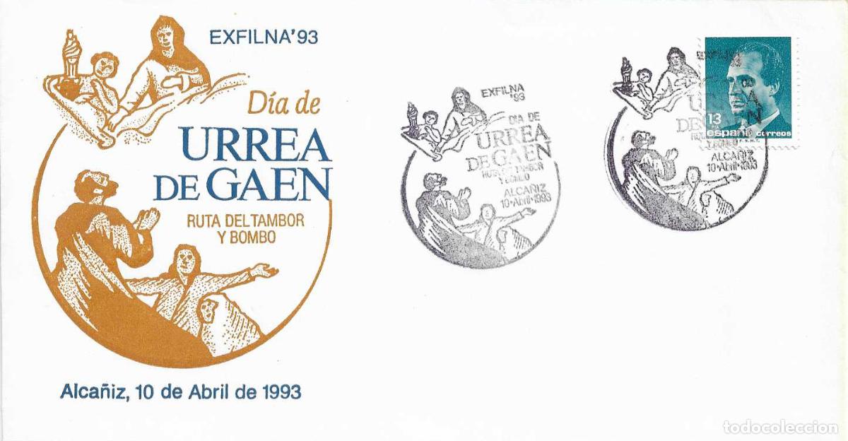 Sellos: DIA URREA DE GAEN EN EXFILNA 93, ALCA&Ntilde;IZ (TERUEL) 10 ABRIL 1993. MATASELLOS RARO SOBRE ILUSTRADO RWR