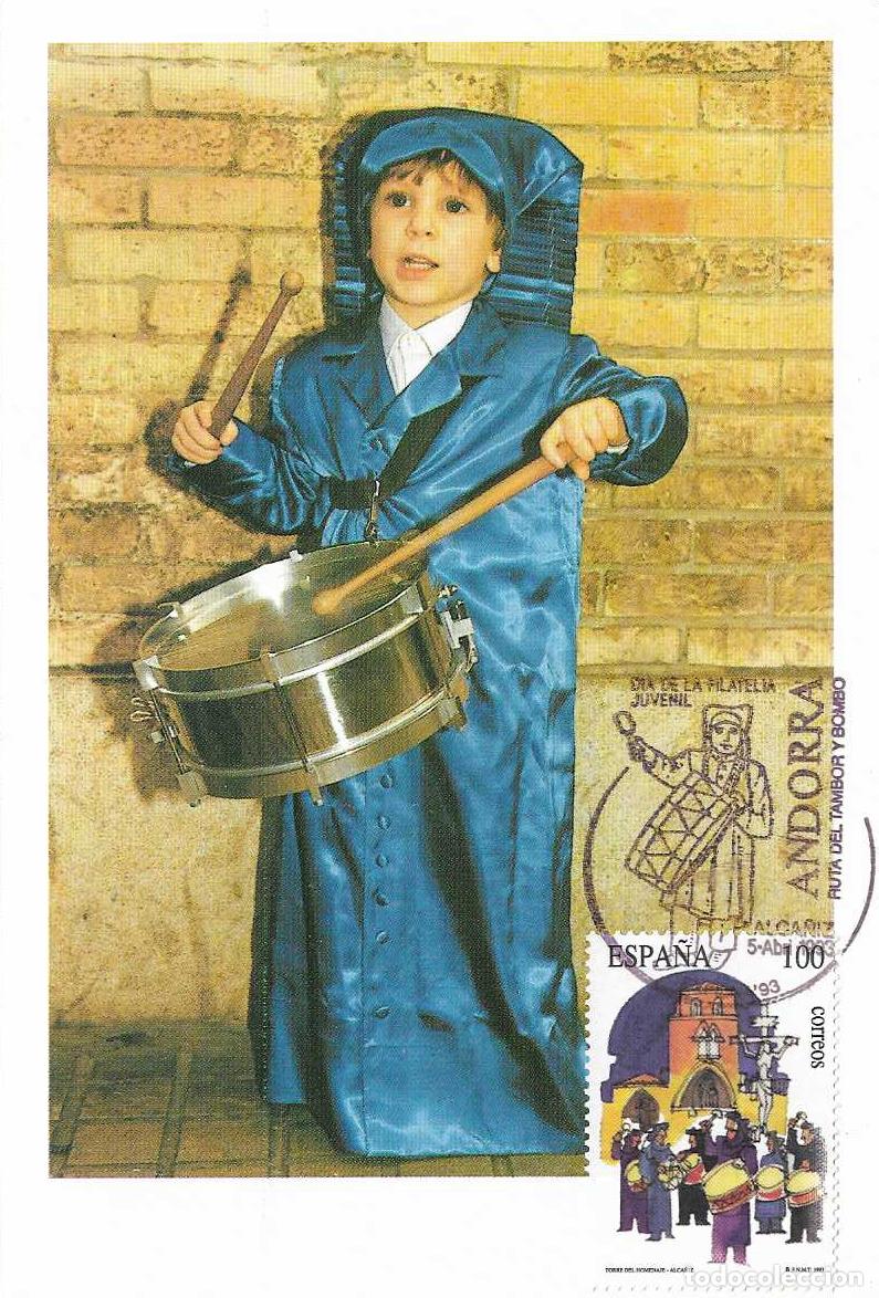 Sellos: DIA FILATELIA JUVENIL EN EXFILNA 93, ALCA&Ntilde;IZ 5 ABRIL 1993. MATASELLOS TARJETA CORTA TIRADA (250) RWR