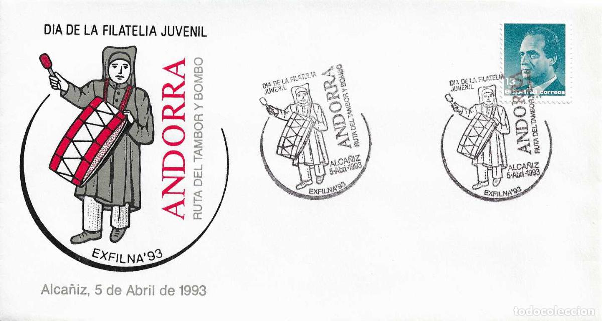 Sellos: DIA FILATELIA JUVENIL EN EXFILNA 93, ALCA&Ntilde;IZ 5 ABRIL 1993. MATASELLOS EN RARO SOBRE ILUSTRADO RWR