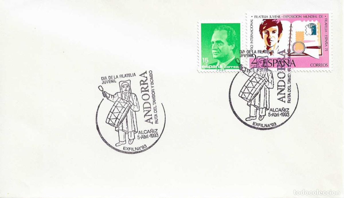 Sellos: DIA FILATELIA JUVENIL EN EXFILNA 93, ALCA&Ntilde;IZ 5 ABRIL 1993. MATASELLOS EN SOBRE BONITO Y RARO ASI RWR