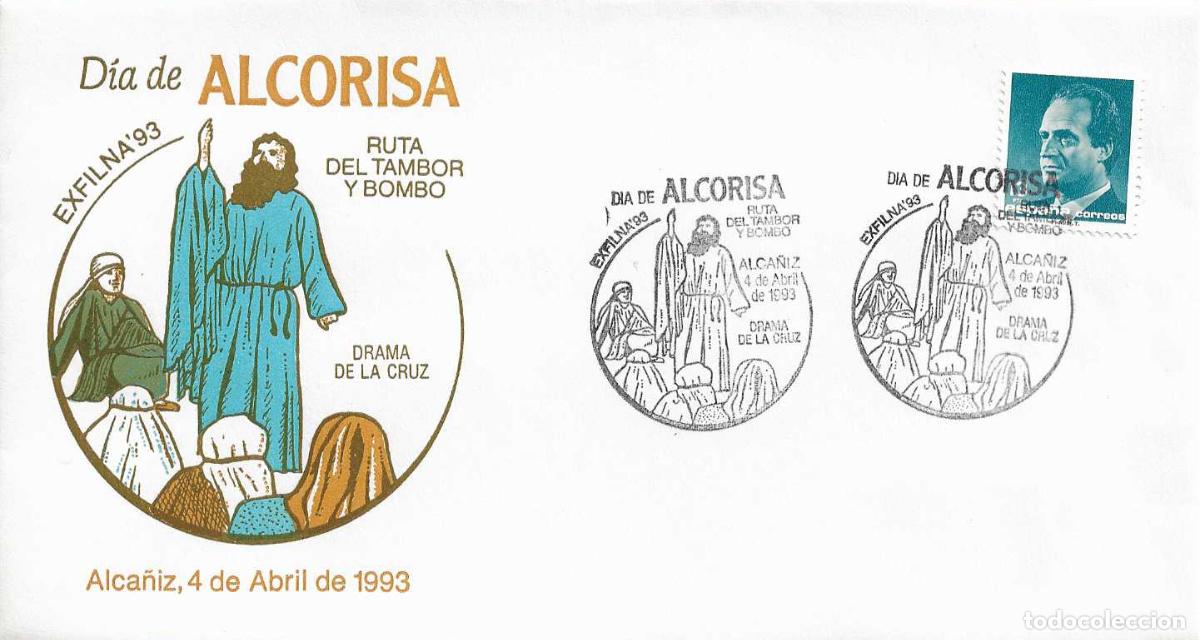 Sellos: DIA DE ALCORISA EN EXFILNA 93, ALCA&Ntilde;IZ (TERUEL) 4 ABRIL 1993. MATASELLOS EN RARO SOBRE ILUSTRADO RWR