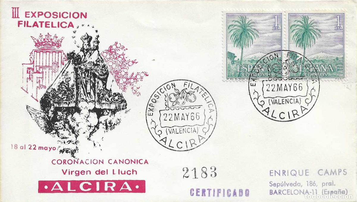 Sellos: NARANJA EXPOSICION FILAT., ALCIRA (VALENCIA) 1966. MATASELLOS RARO SOBRE CORONACION VIRGEN DEL LLUCH